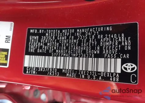 2021 Toyota Corolla Le from USA, damaged, VIN 5YFEPMAE1MP236378